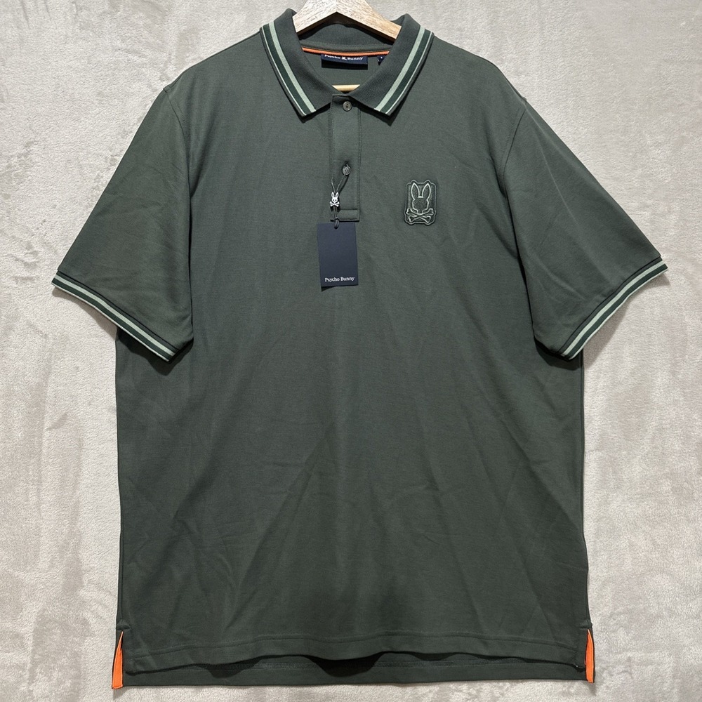Psycho Bunny Pierce Pique Polo Shirt Men's 8 Green Short Sleeve Ribbed Cuffs NWT